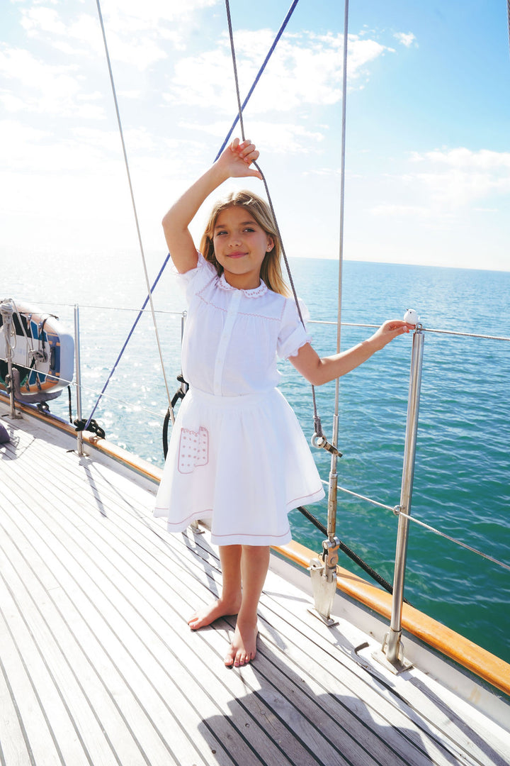 2641-GIRL LINEN SKIRT WITH SCALLOPS-WHITE/DUSTY PINK