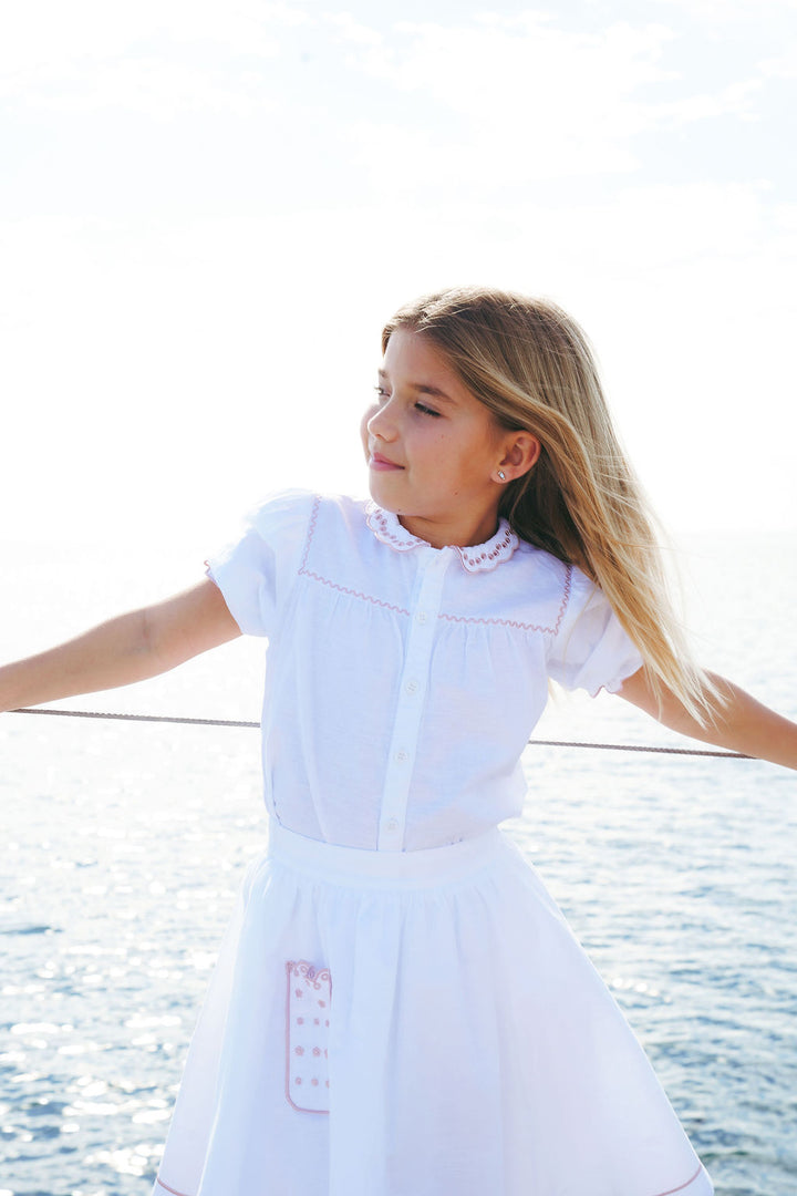 2642-GIRL LINEN SHIRT WITH SCALLOPS-WHITE/DUSTY PINK