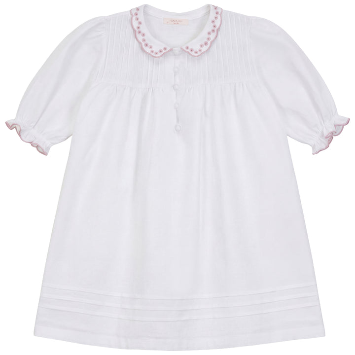 2643-GIRL LINEN DRESS WITH SCALLOPS-WHITE/DUSTY PINK