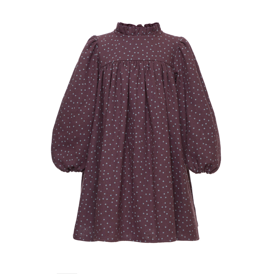 Special Edition Clover Corduroy Dress With Ruffled Stand-up Collar Longer Length - Aubergine
