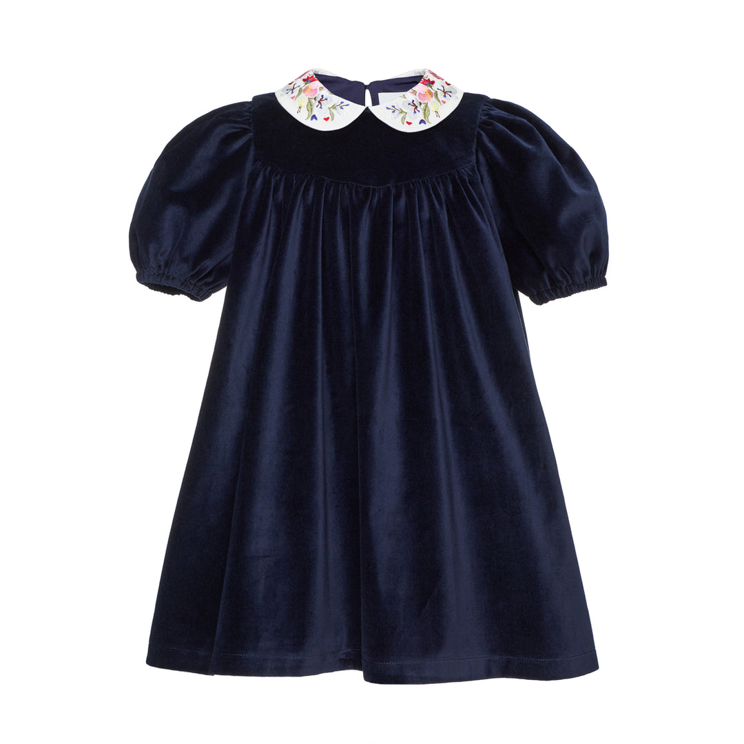Special Edition Haven Velvet Dress With Embroidered Peter Pan Collar Longer Length - Dark Blue