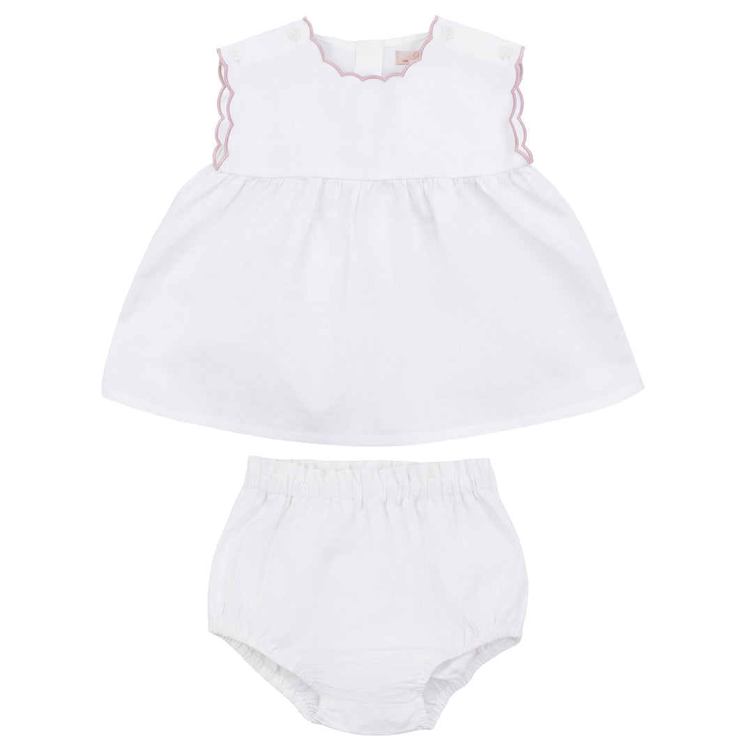 2645-BABY LINEN SET WITH SCALLOPS-WHITE/DUSTY PINK