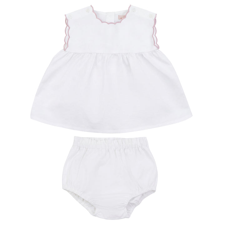 2645-BABY LINEN SET WITH SCALLOPS-WHITE/DUSTY PINK