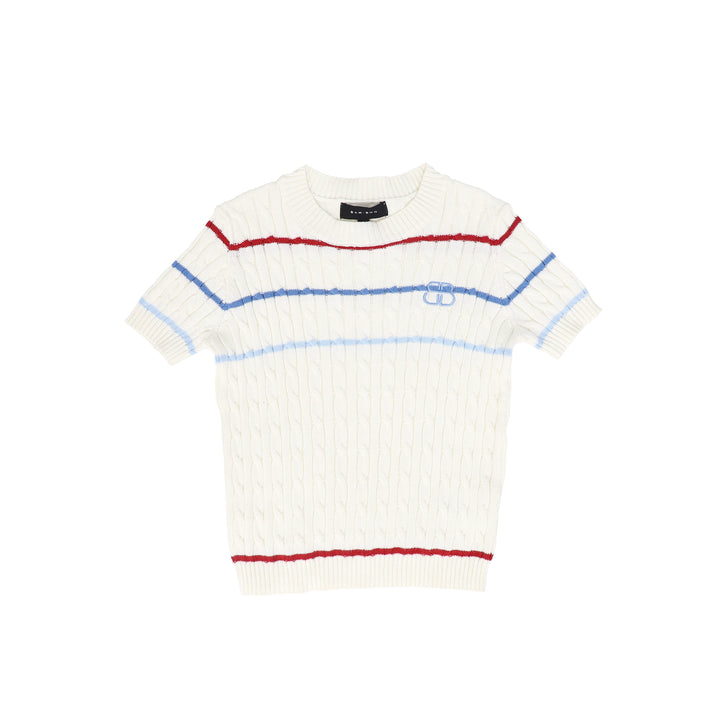 C-26796-Striped Cable Knit SS Sweater Ivory