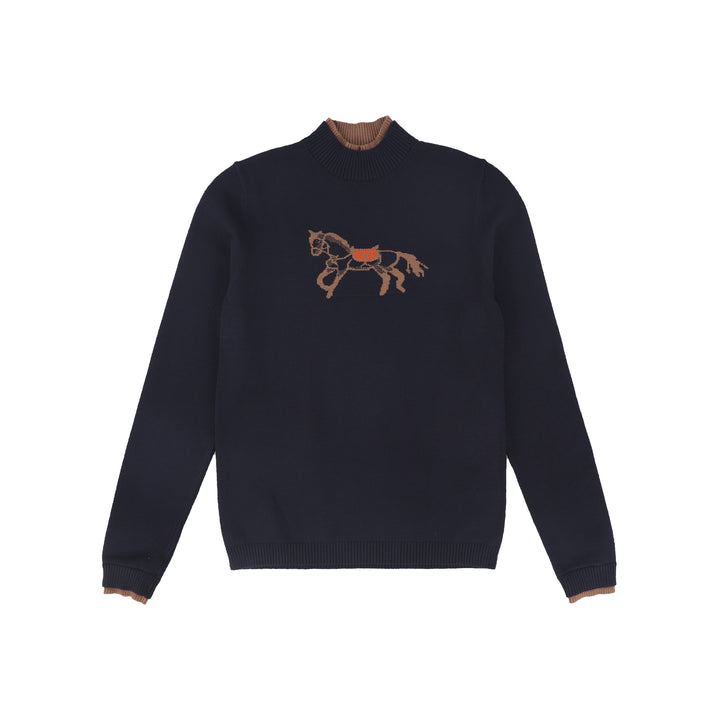 C-27055 Horse Print Knit Turtleneck Navy