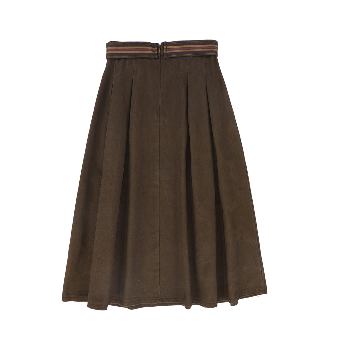 C-27105 Denim Embroidered Pleat Skirt - Brown