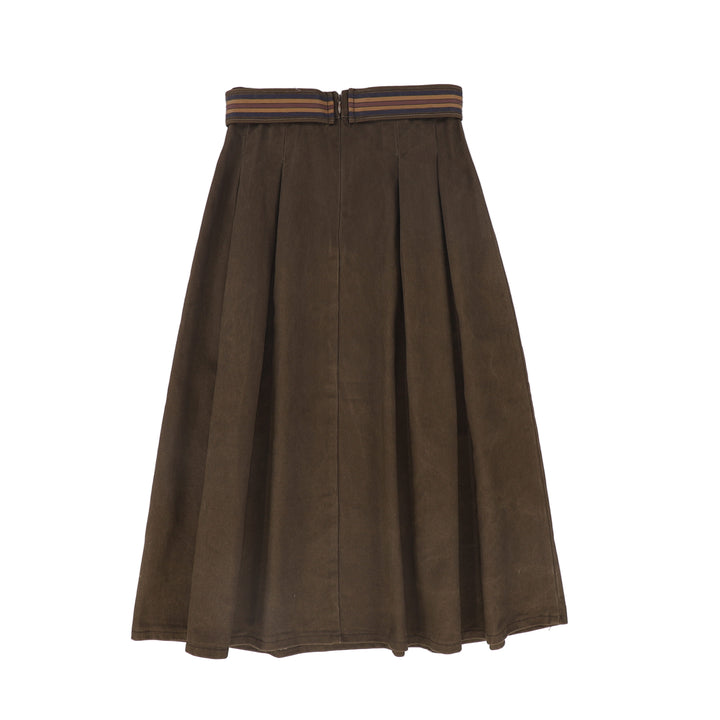 C-27105 Denim Embroidered Pleat Skirt - Brown