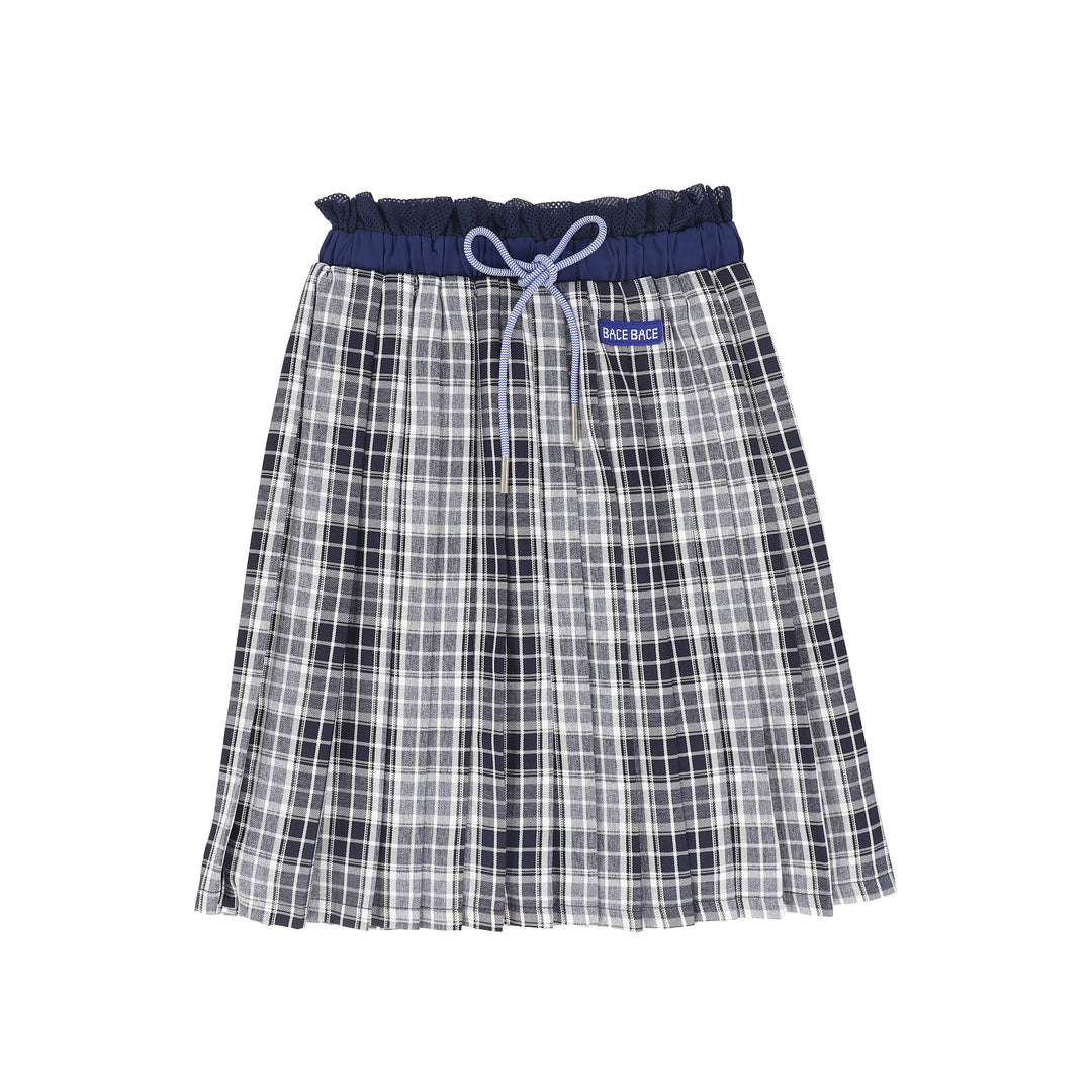 C-27183 Checked Gathered Pleat Skirt - Navy