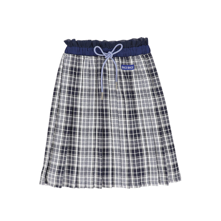 C-27183 Checked Gathered Pleat Skirt - Navy