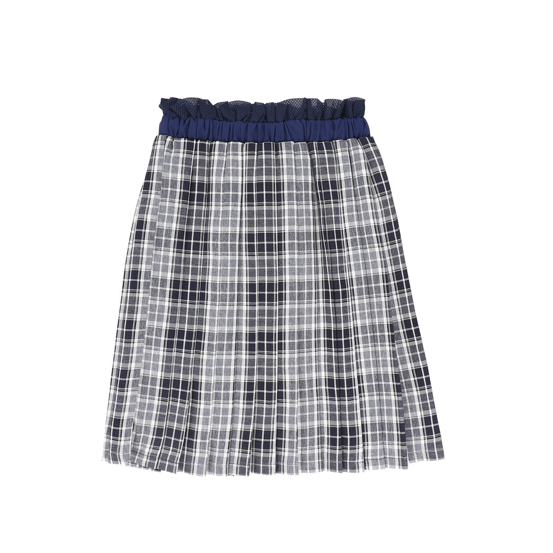 C-27183 Checked Gathered Pleat Skirt - Navy
