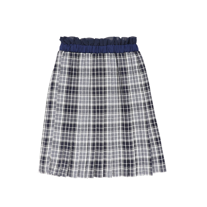 C-27183 Checked Gathered Pleat Skirt - Navy