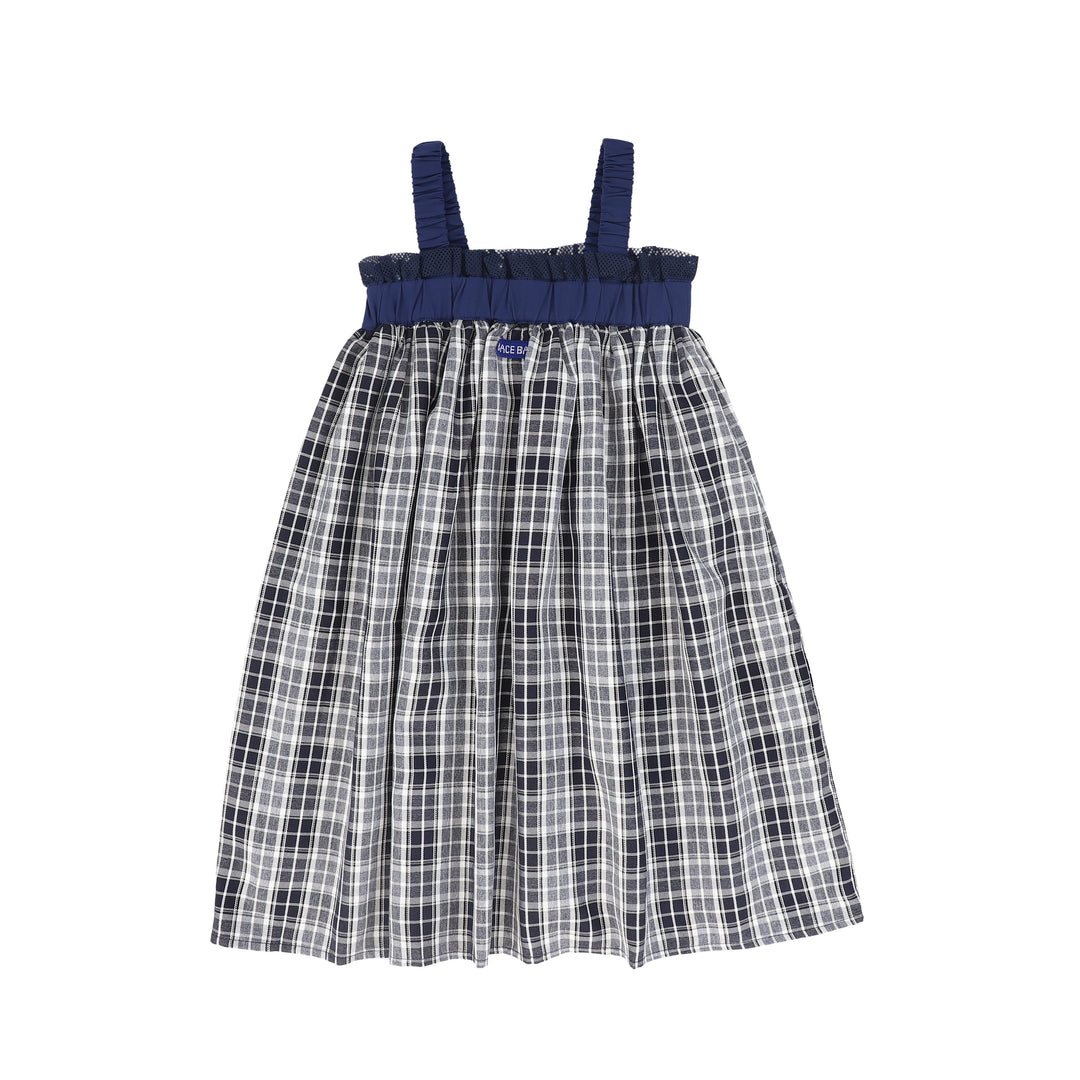 C-27185 Checked Gathered Strap Jumper - Navy