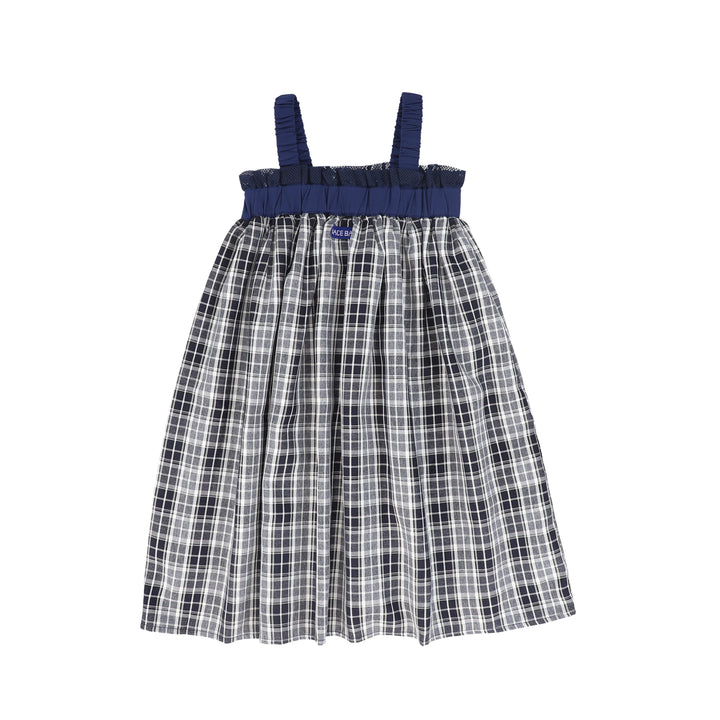 C-27185 Checked Gathered Strap Jumper - Navy