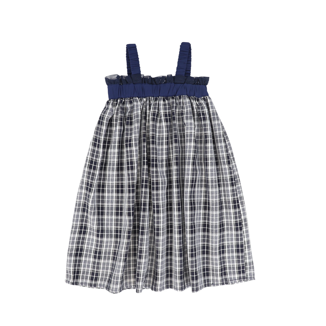 C-27185 Checked Gathered Strap Jumper - Navy