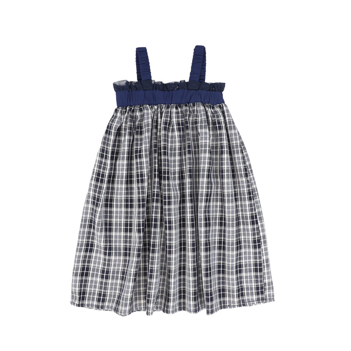 C-27185 Checked Gathered Strap Jumper - Navy