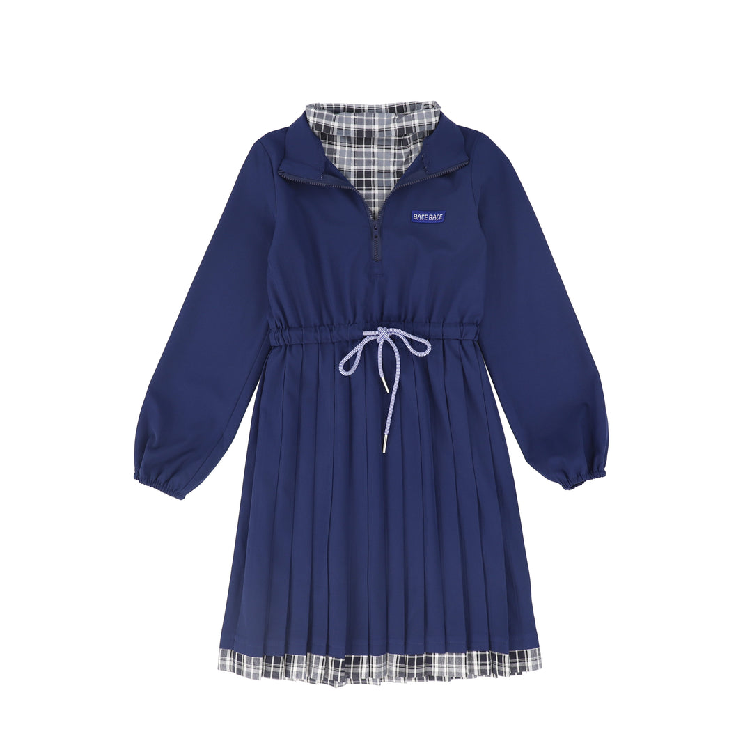 C-27188 Checked Half Zip Pleat Dress - Navy