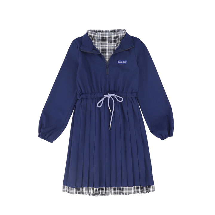 C-27188 Checked Half Zip Pleat Dress - Navy