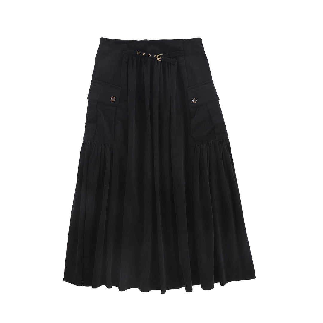 C-27898 Gathered Detail Pocket Midi Skirt Black