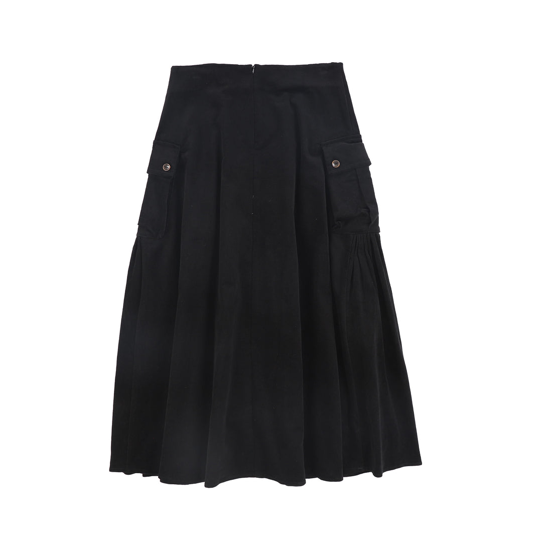 C-27898 Gathered Detail Pocket Midi Skirt Black