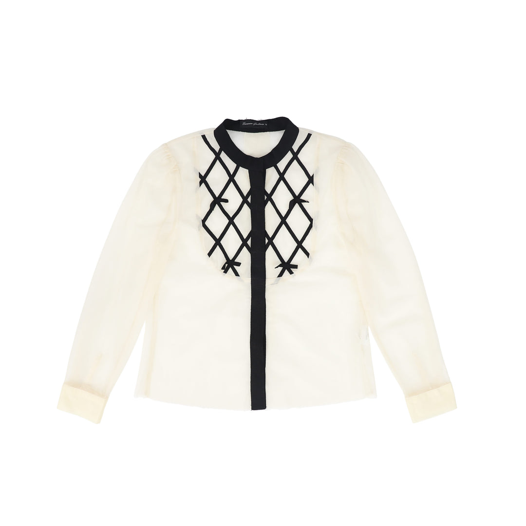 C-28233 Grosgrain Lattice Tulle Blouse - Black/Ivory