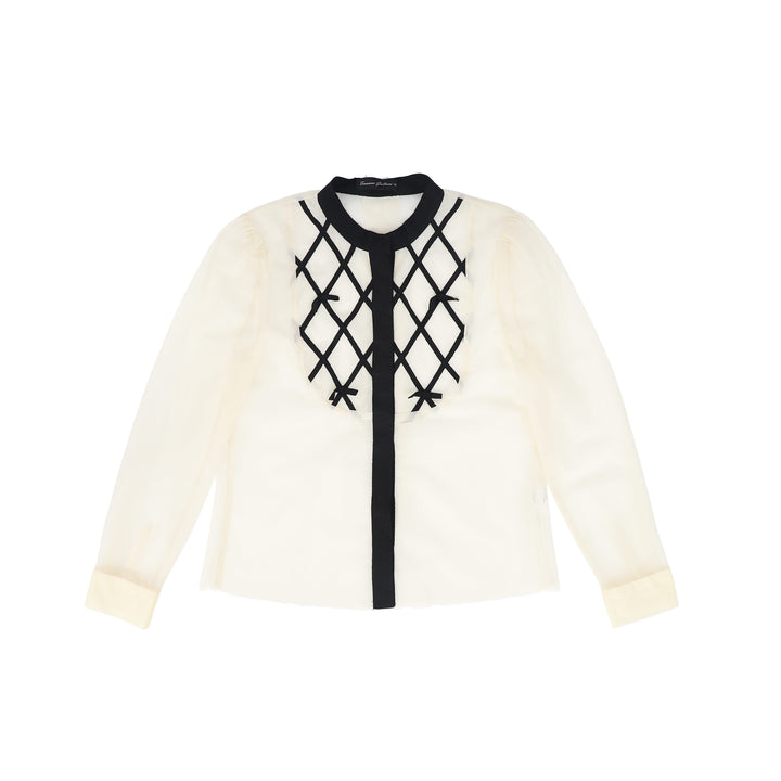 C-28233 Grosgrain Lattice Tulle Blouse - Black/Ivory