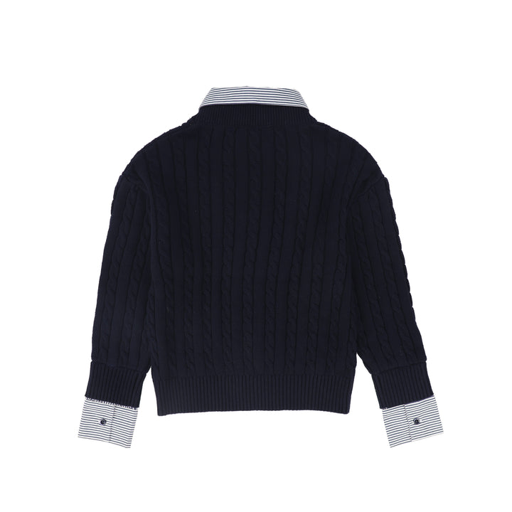 C-28365 Stripe Collar Cable Knit Sweater Navy