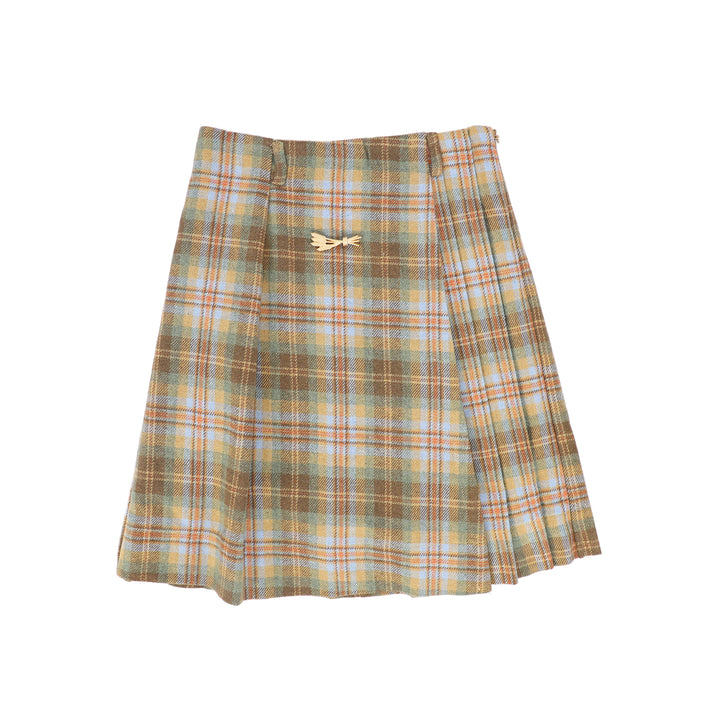C-28386 Plaid Pleated Skirt - Camel