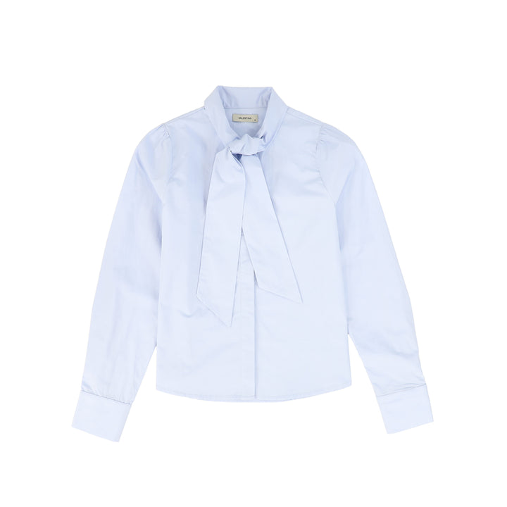 C-28442 Poplin Neck Bow Blouse Light Blue