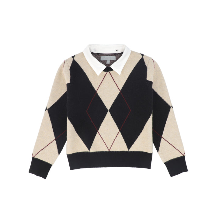C-28506 Collared Argyle Sweater - Black