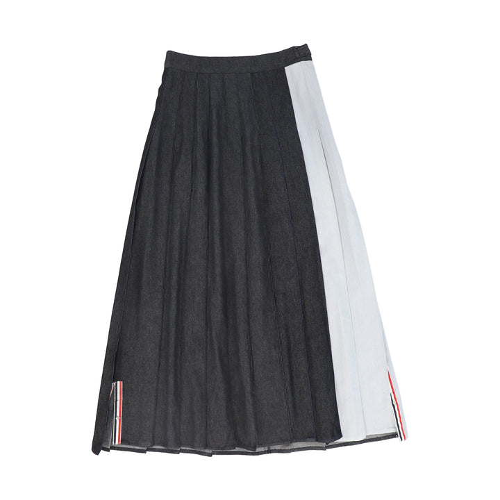 C-28779 Mix Denim Pleated Skirt Black Denim