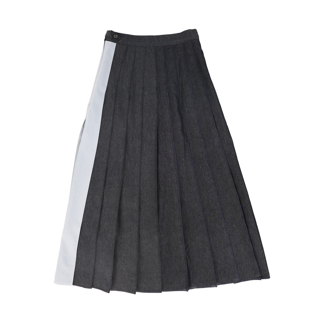 C-28779 Mix Denim Pleated Skirt Black Denim