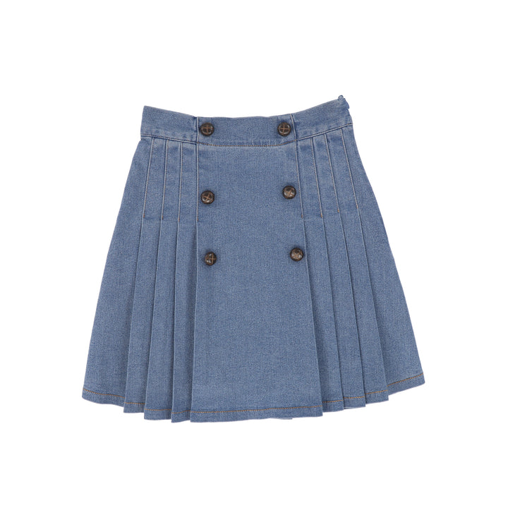 C-29447 Denim Pleated Button Skirt - Blue Denim