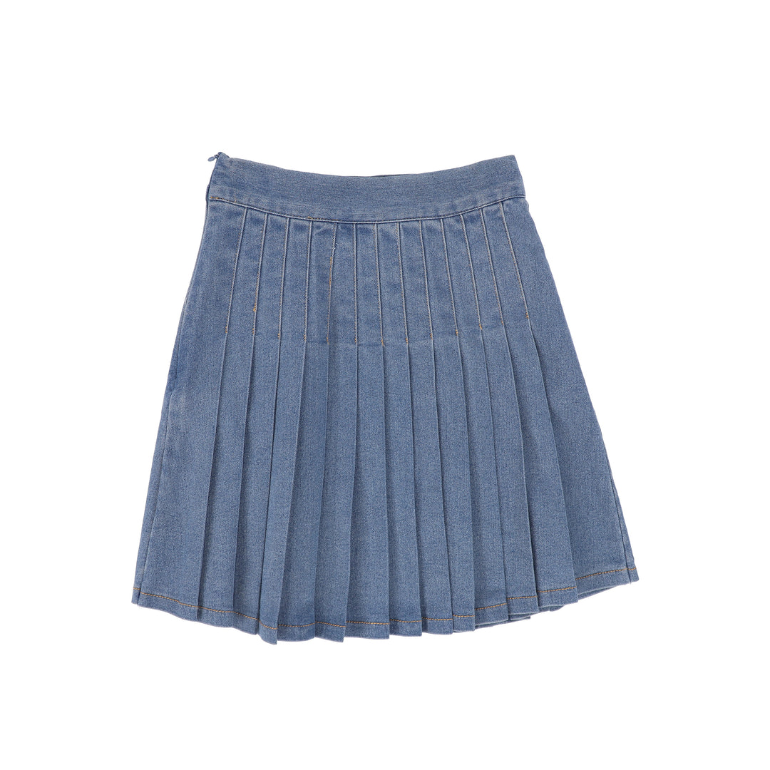 C-29447 Denim Pleated Button Skirt - Blue Denim