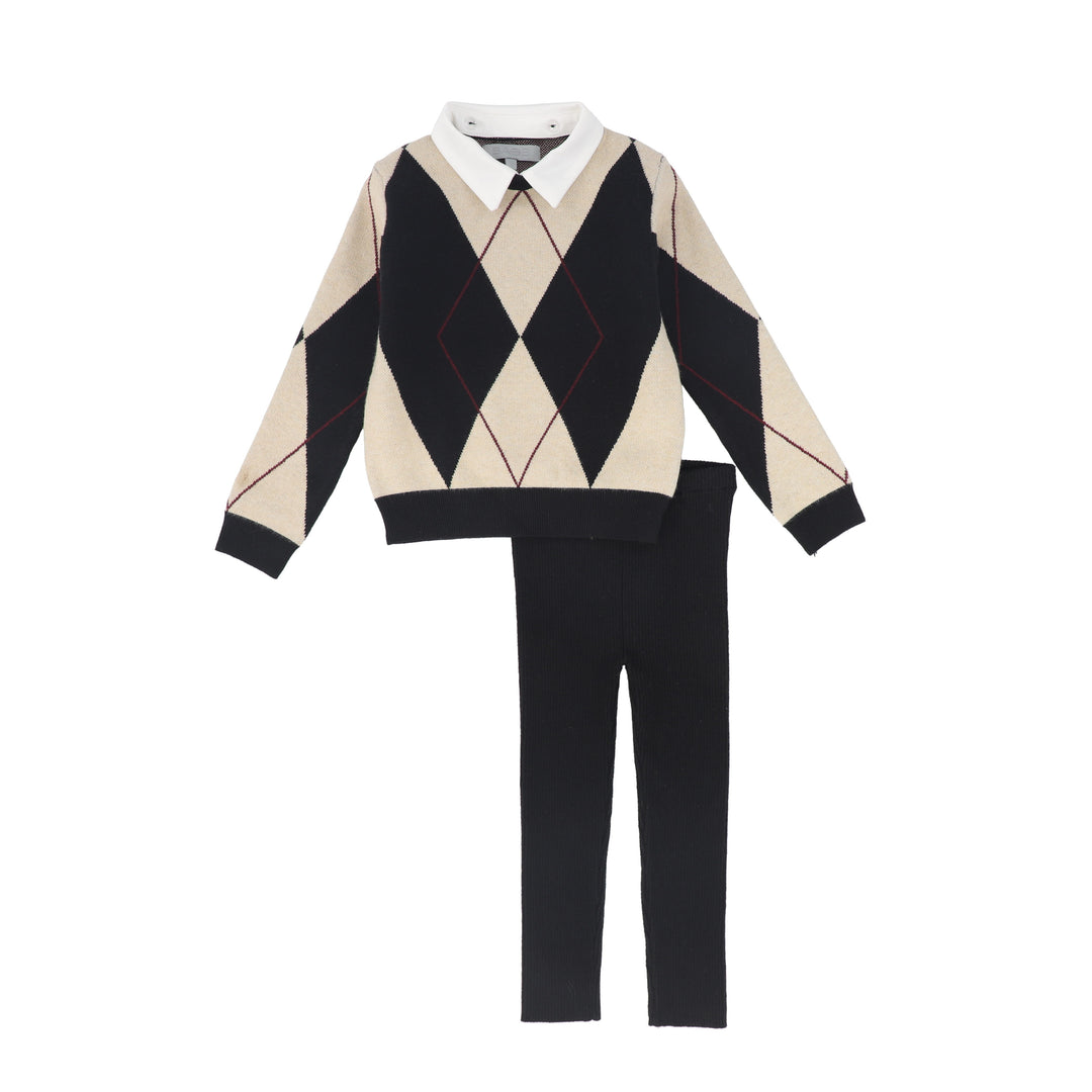 C-29884 Collared Argyle Sweater Set - Black