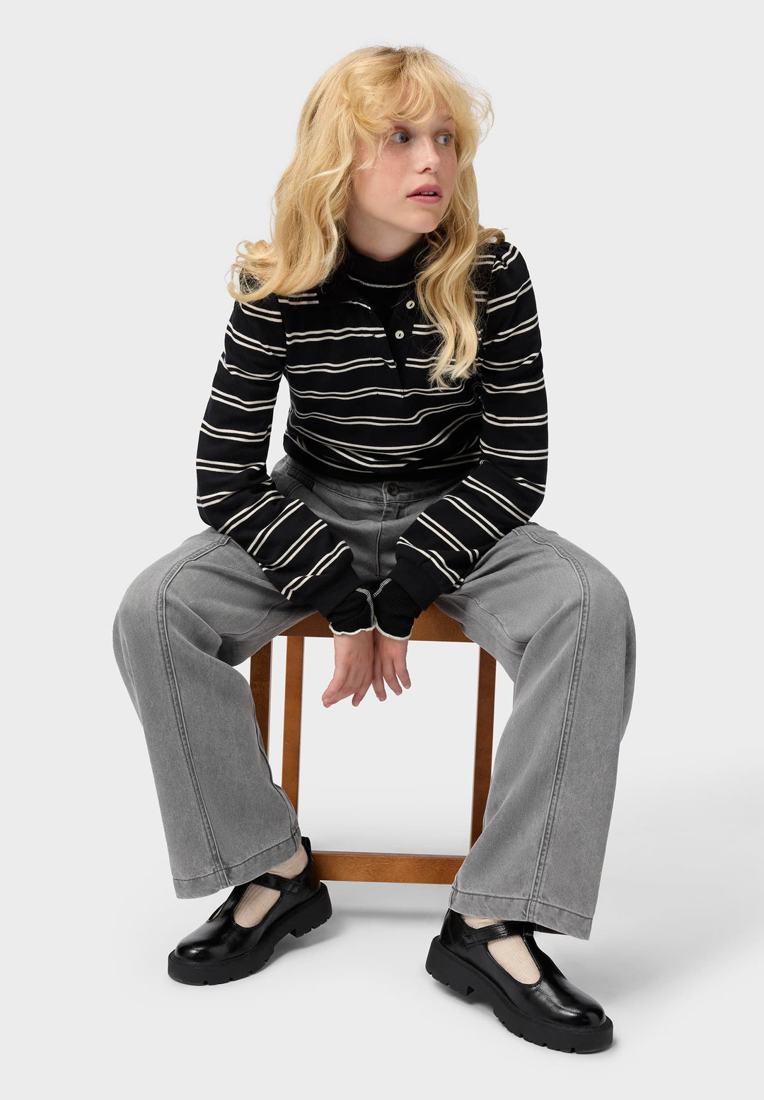 Ravi Poloshirt Long sleeve - Black Ivory Stripe