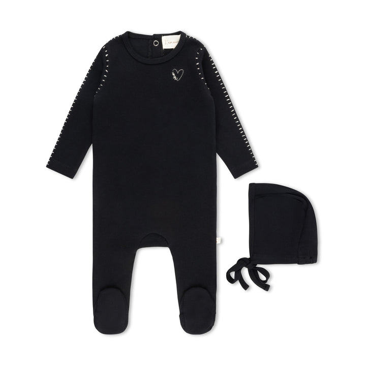 Whipstitch Heart Footie-Black/Cream