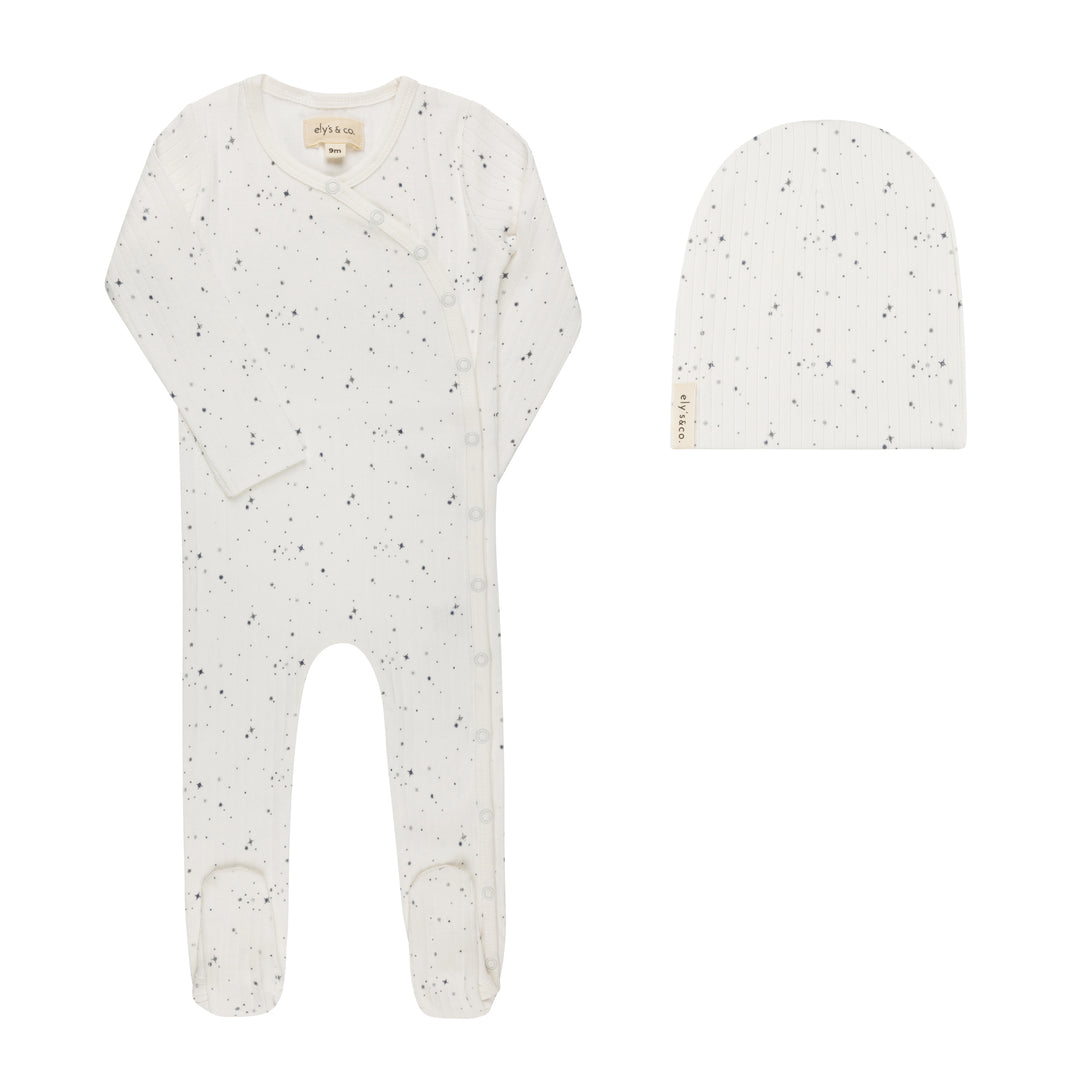 AW26-0014-FB Printed Floral Star Collection Footie + Beanie - Ivory Stars