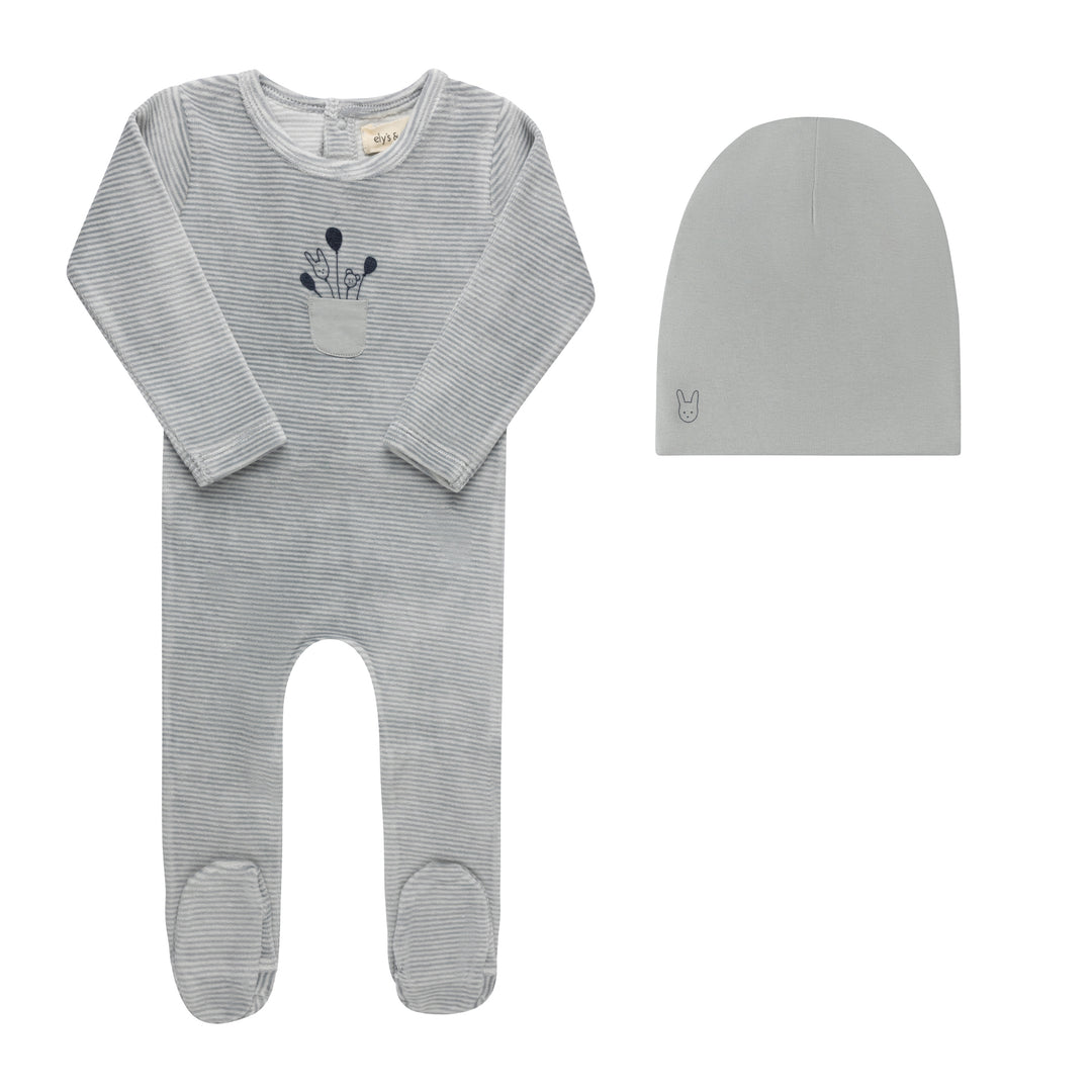 AW26-0033-FB Stripe Collection Footie + Beanie  - Ivory Blue