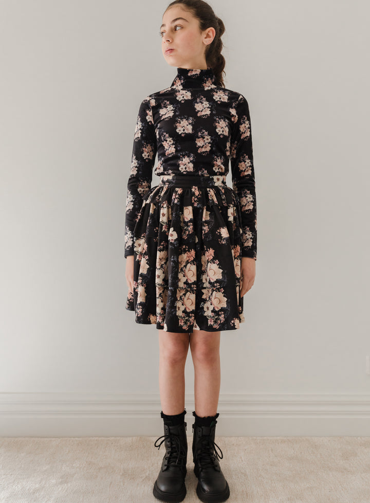 3088-Black Bouquet Print Cord Skirt