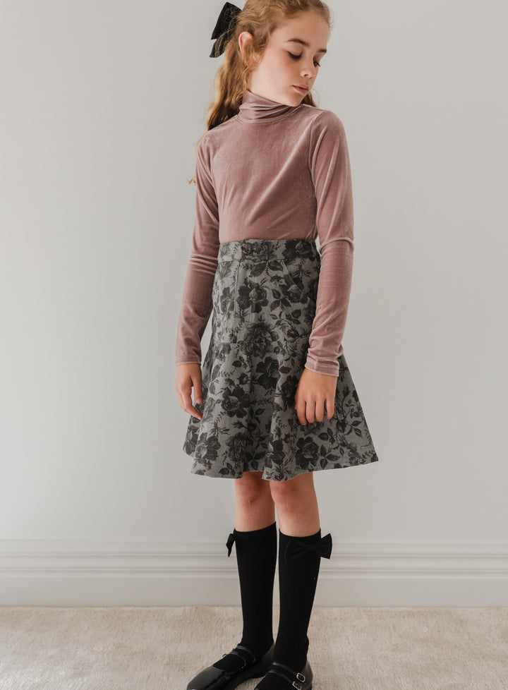 3090-Black Rose Printed Denim Skirt-Grey
