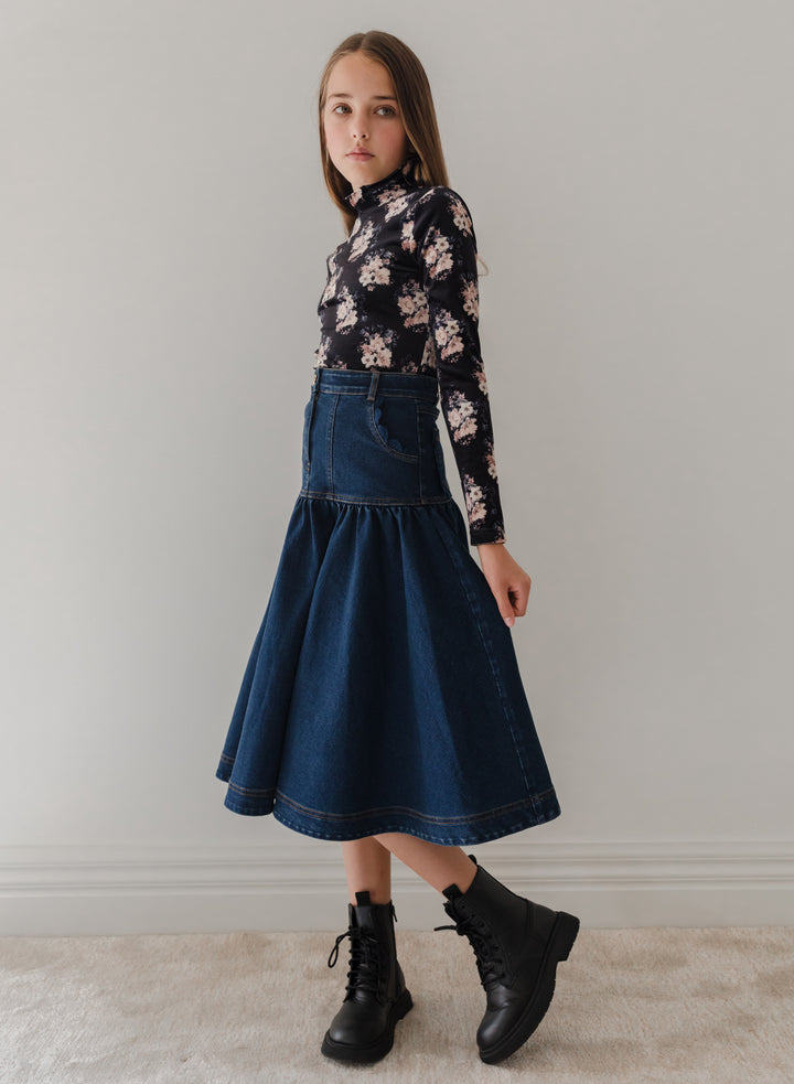 3096-Long Denim Skirt with Lace Pockets-Dark Blue