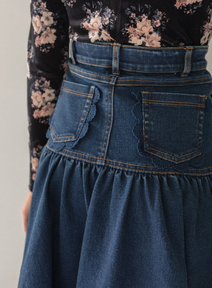 3096-Long Denim Skirt with Lace Pockets-Dark Blue
