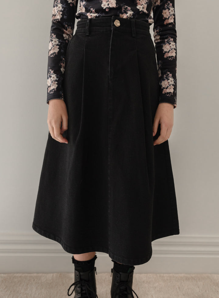 3102B-Black Denim Pleat Front Skirt