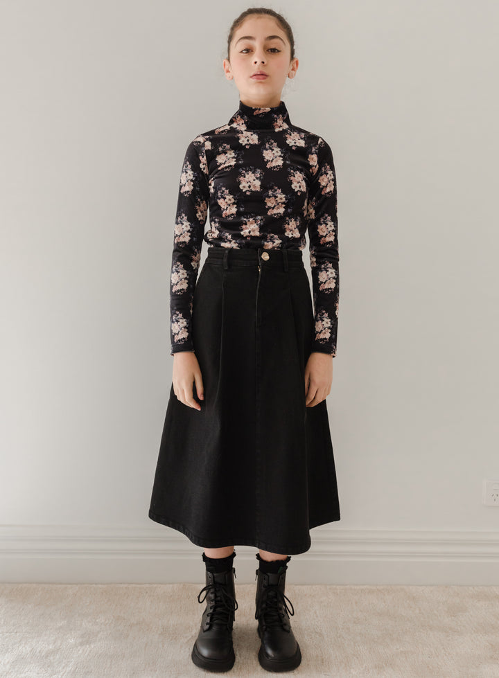 3102B-Black Denim Pleat Front Skirt