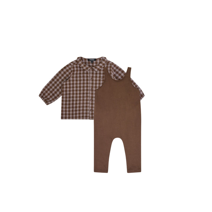 31069 Checkered Collar Shirt and Overalls Set - Chestnut/Slate