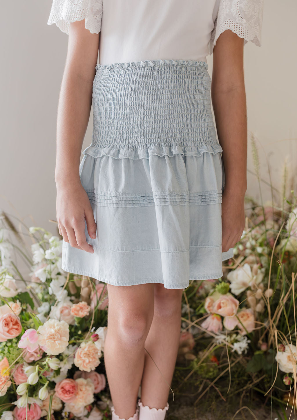 3114-Shirred Waist Chambray Skirt-Pale Wash Chambray