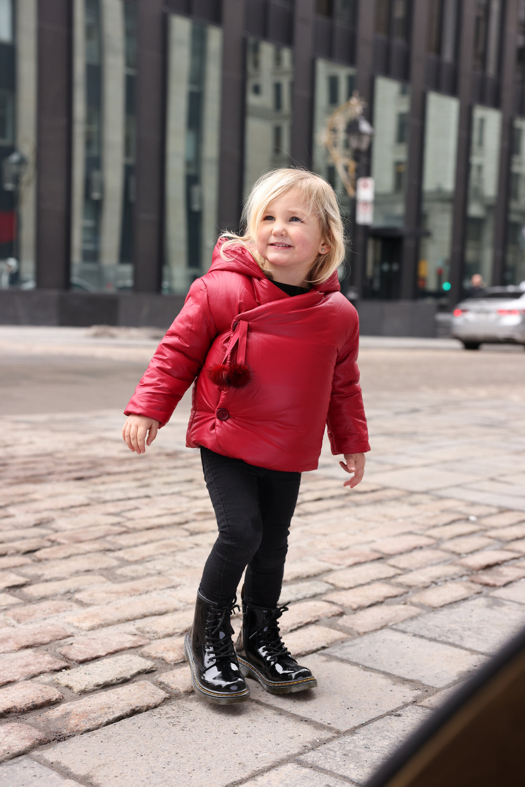 33575A-Side Opening pom pom tie Winter Jacket-Red