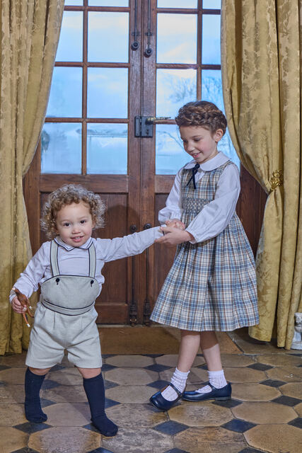 37191 CARMELLE SMOCKED PINAFORE GIRL DRESS - BLUE/GREY TARTAN