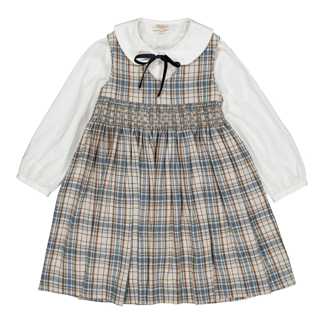 37191 CARMELLE SMOCKED PINAFORE GIRL DRESS - BLUE/GREY TARTAN