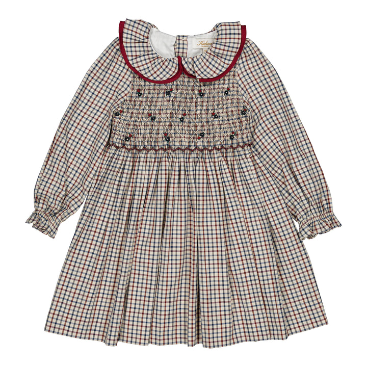 37251 JOSEPHINE SMOCKED GIRL DRESS - OFF-WHITE NAVY BLUE AND BURGUNDY RED CHECKS